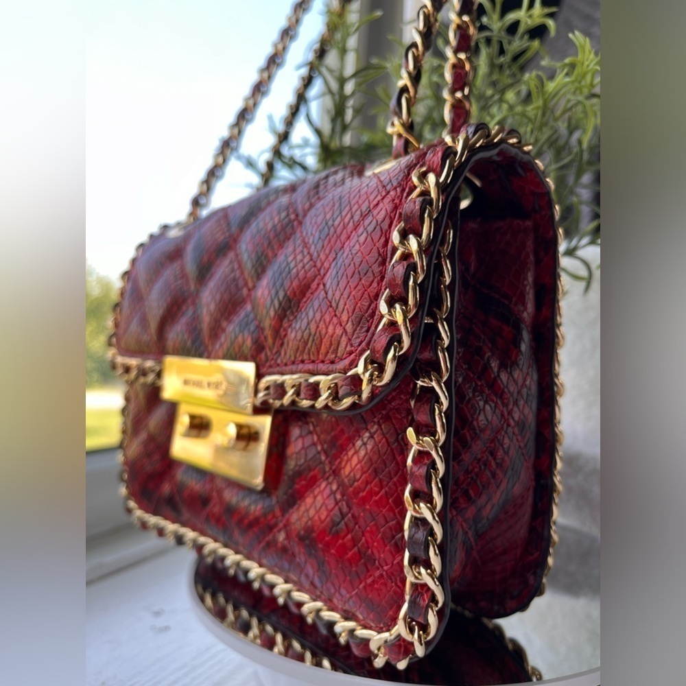 Michael Kors Carine Medium Quilted Red Snake Print Leather Shoulder Bag NWT - Picture 2 of 5
